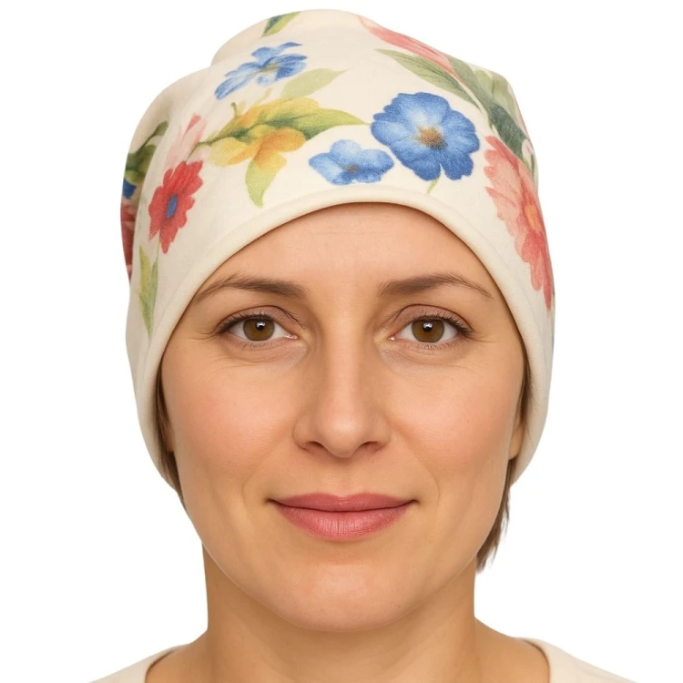 Czapka damska Beanie włoska cienka smerfetka biała w kolorowe kwiaty