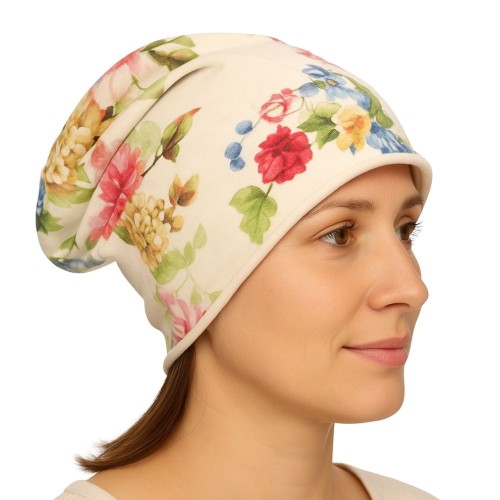 Czapka damska Beanie włoska cienka smerfetka biała w kolorowe kwiaty