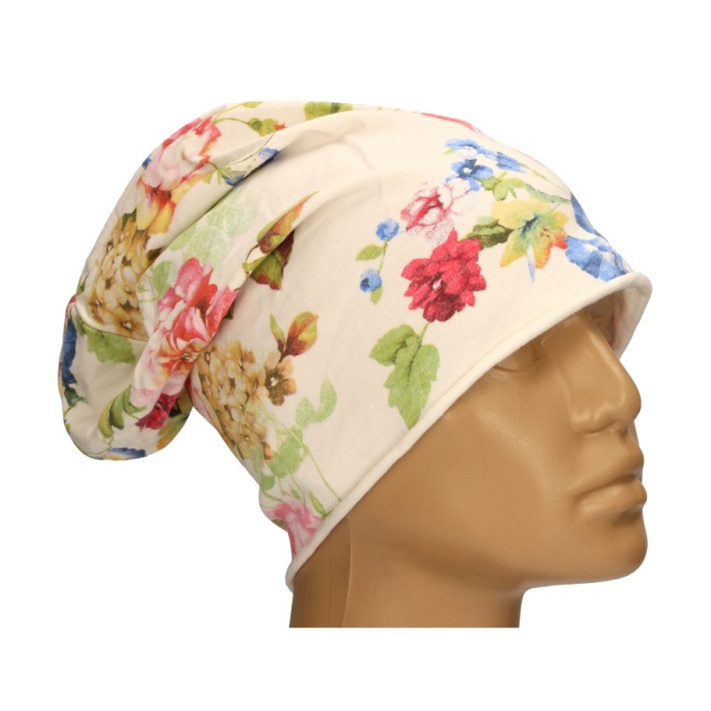 Czapka damska Beanie włoska cienka smerfetka biała w kolorowe kwiaty