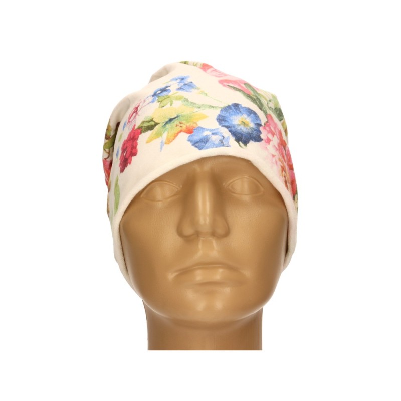 Czapka damska Beanie włoska cienka smerfetka biała w kolorowe kwiaty