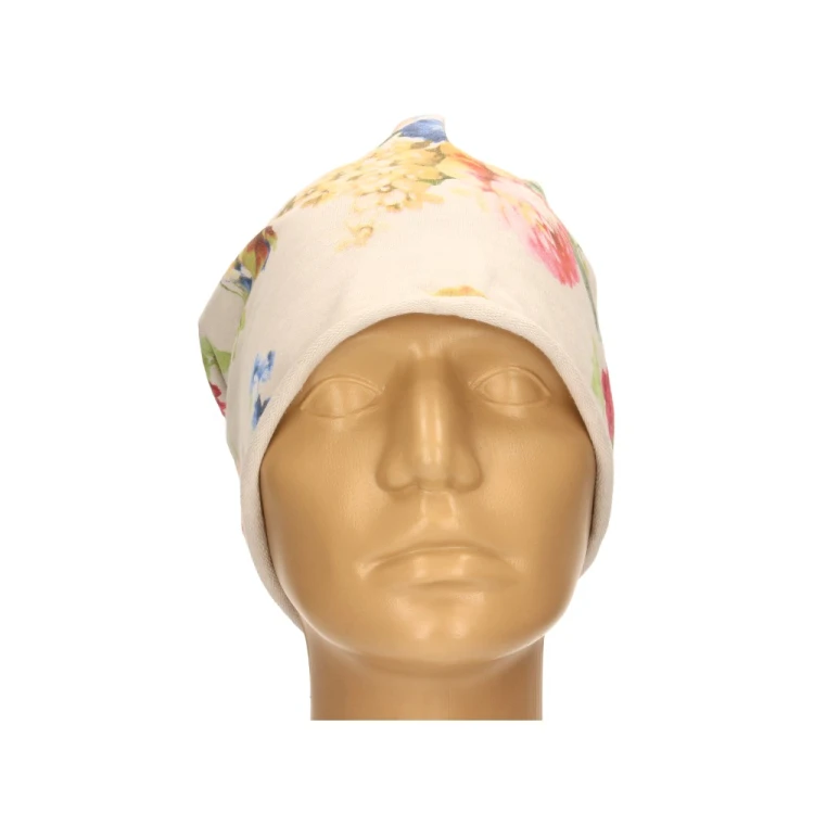 Czapka damska Beanie włoska cienka smerfetka jasnoszara w kolorowe kwiaty