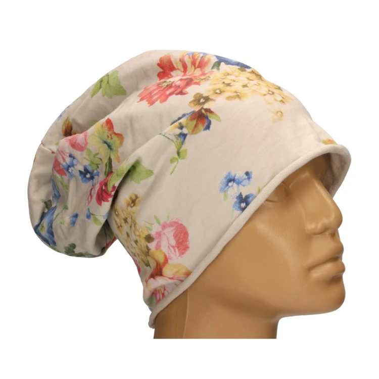 Czapka damska Beanie włoska cienka smerfetka jasnoszara w kolorowe kwiaty