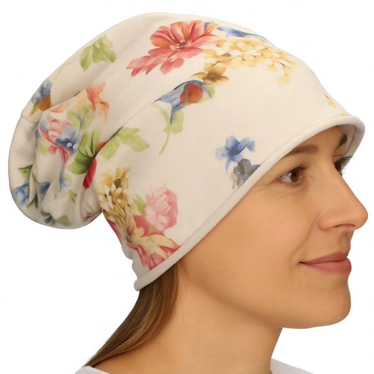 Czapka damska Beanie włoska cienka smerfetka jasnoszara w kolorowe kwiaty