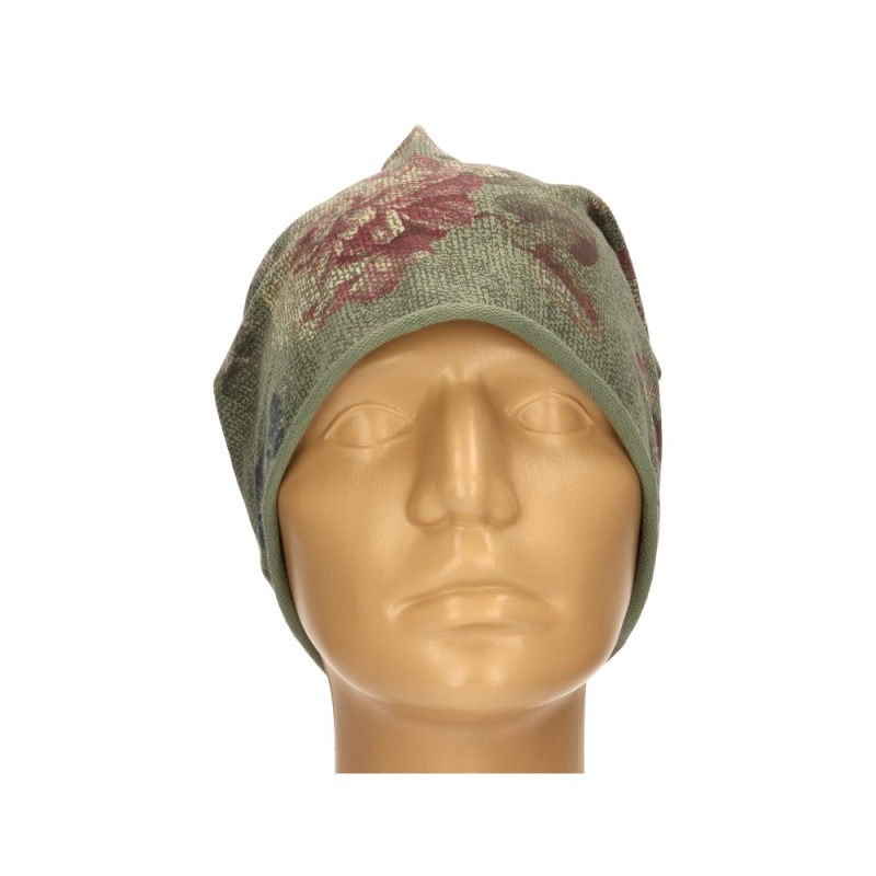 Czapka damska Beanie włoska cienka smerfetka ciemnozielona kwiatowa
