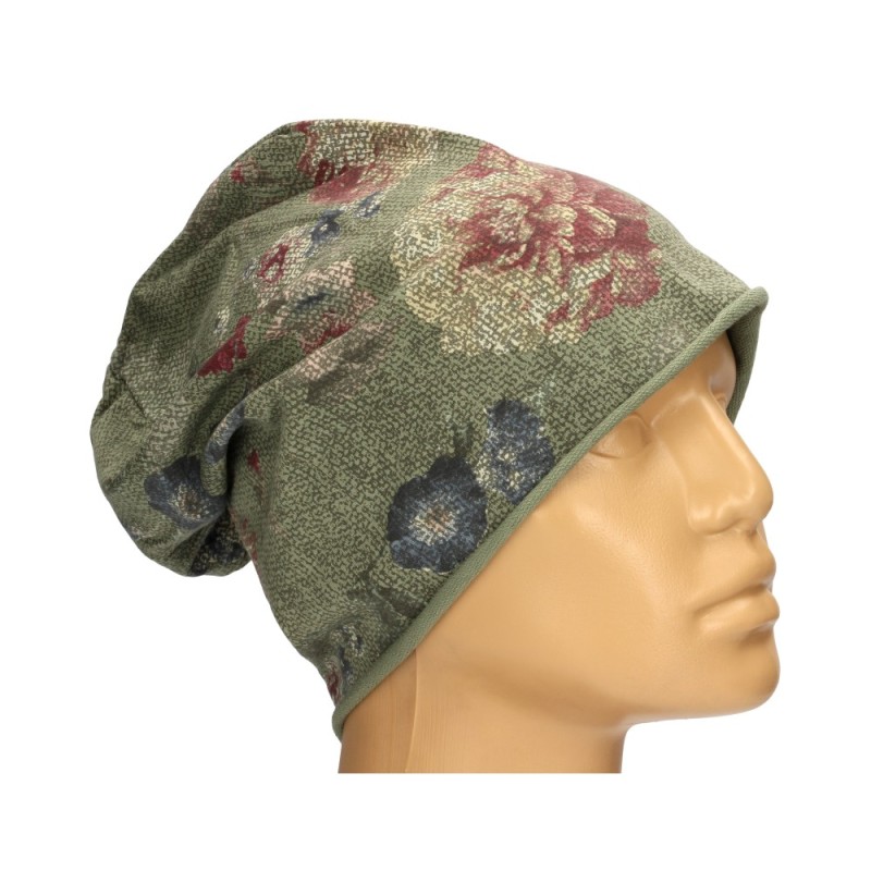 Czapka damska Beanie włoska cienka smerfetka ciemnozielona kwiatowa