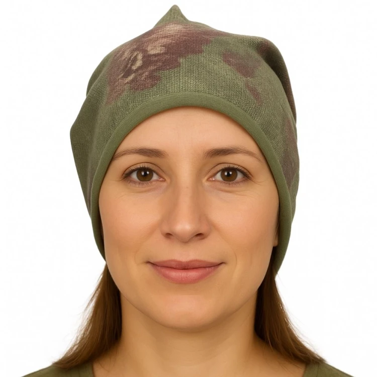 Czapka damska Beanie włoska cienka smerfetka ciemnozielona kwiatowa