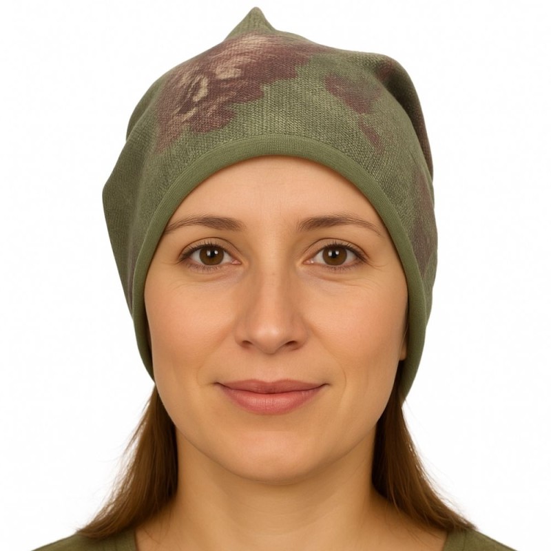 Czapka damska Beanie włoska cienka smerfetka ciemnozielona kwiatowa