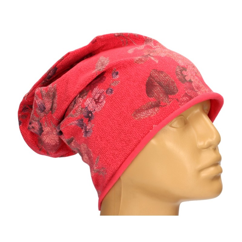 Czapka damska Beanie włoska cienka smerfetka różowa kwiatowa
