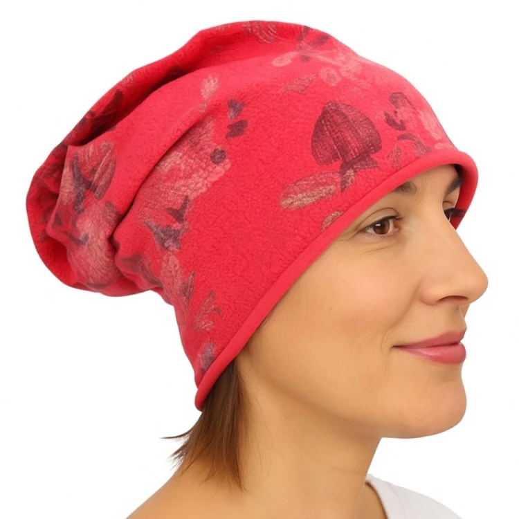 Czapka damska Beanie włoska cienka smerfetka różowa kwiatowa