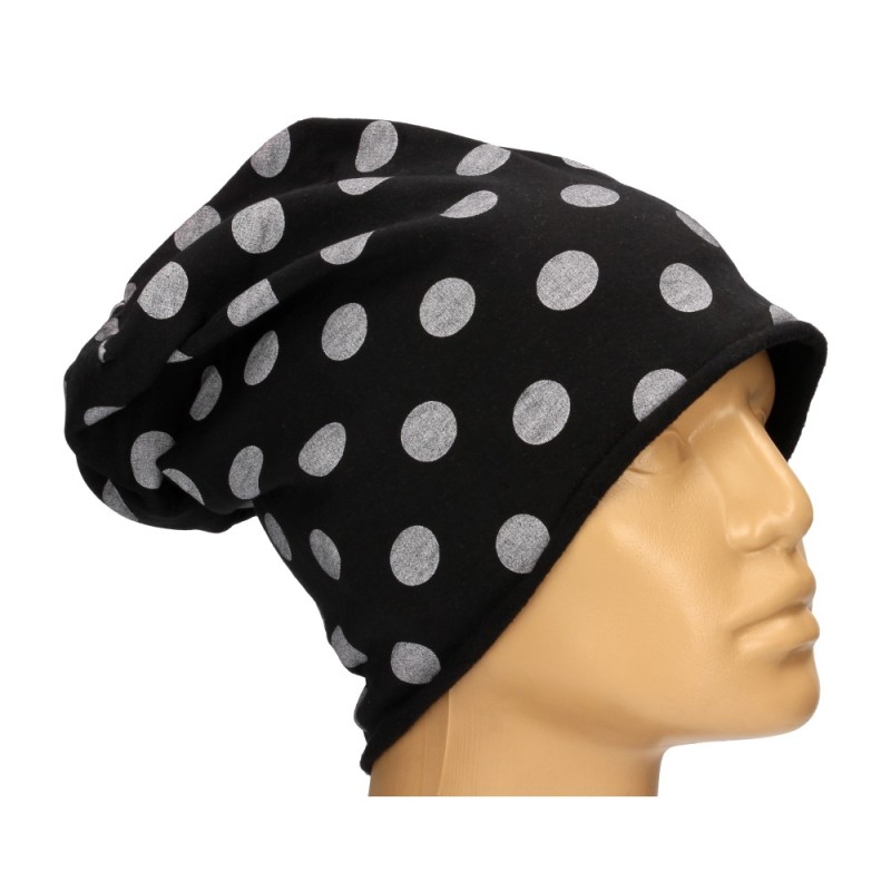 Czapka damska Beanie włoska cienka smerfetka czarna w grochy