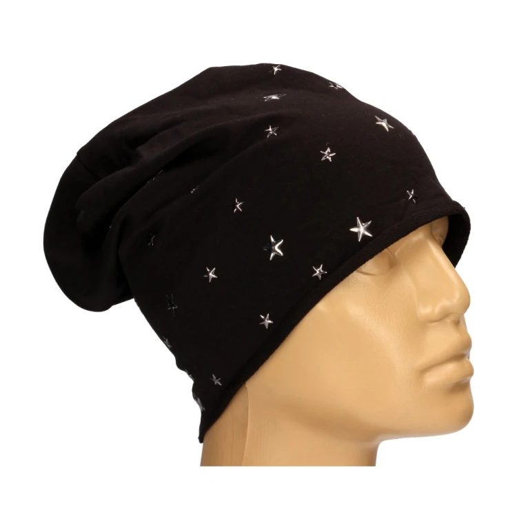 Czapka damska Beanie włoska cienka smerfetka czarna gwiazdki