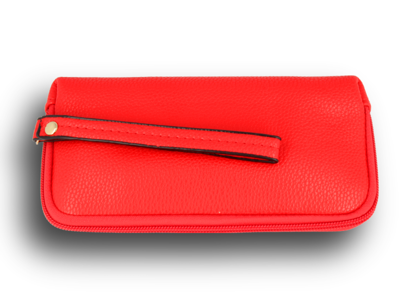 Damski portfel listonoszka w kolorze czerwonym z czarnymi pionowymi paskami