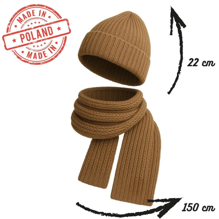 Zimowy komplet damski czapka i szal camel