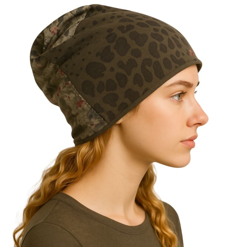 Czapka damska Beanie włoska cienka smerfetka zielona w kwiatuszki