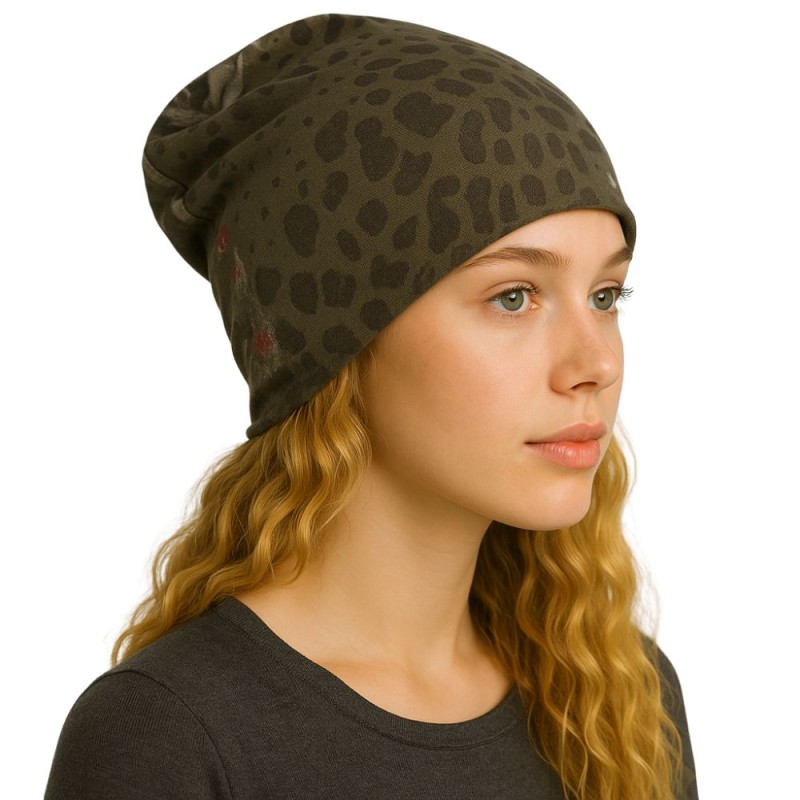 Czapka damska Beanie włoska cienka smerfetka zielona w kwiatuszki