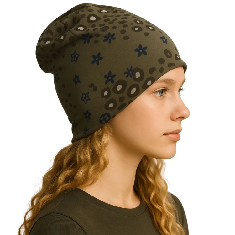 Czapka damska Beanie włoska cienka smerfetka zielona we wzory