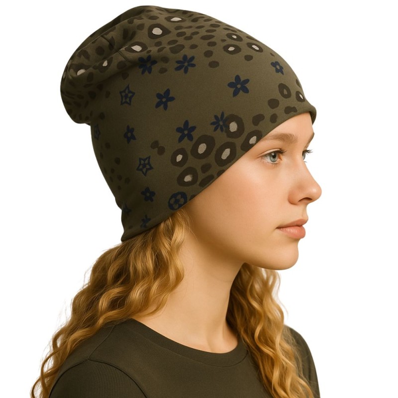Czapka damska Beanie włoska cienka smerfetka zielona we wzory