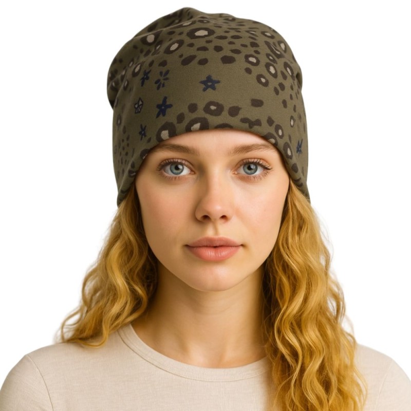 Czapka damska Beanie włoska cienka smerfetka zielona we wzory