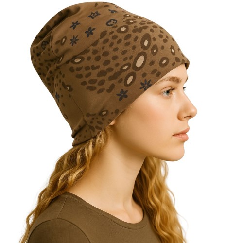 Czapka damska Beanie włoska cienka smerfetka beżowa we wzory