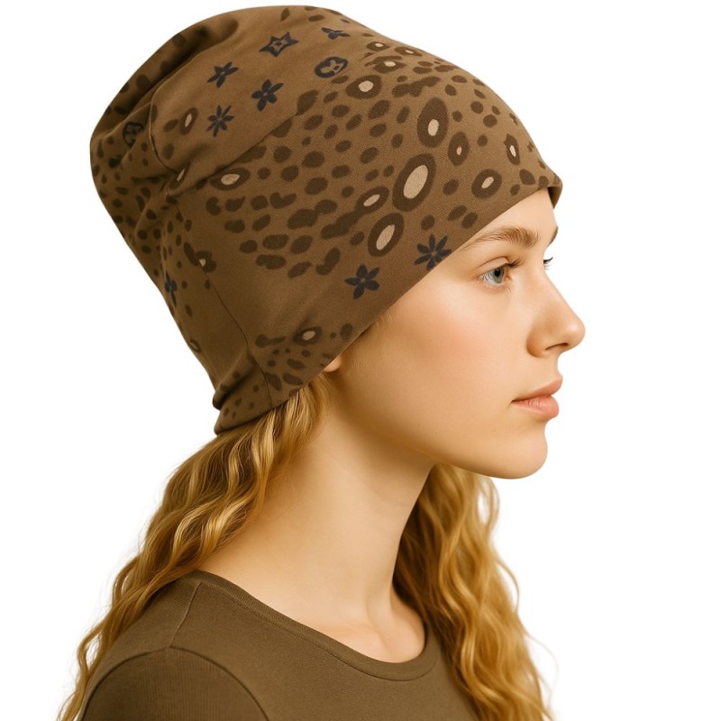 Czapka damska Beanie włoska cienka smerfetka beżowa we wzory
