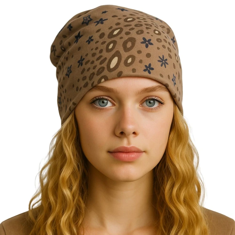 Czapka damska Beanie włoska cienka smerfetka beżowa we wzory