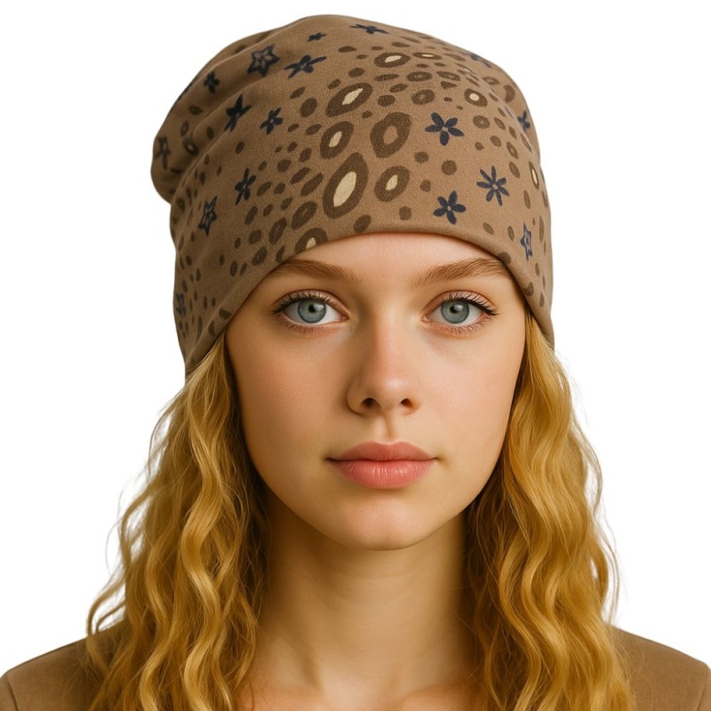 Czapka damska Beanie włoska cienka smerfetka beżowa we wzory