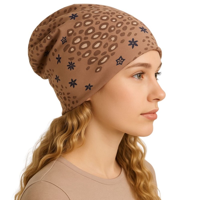 Czapka damska Beanie włoska cienka smerfetka cappuccino we wzory