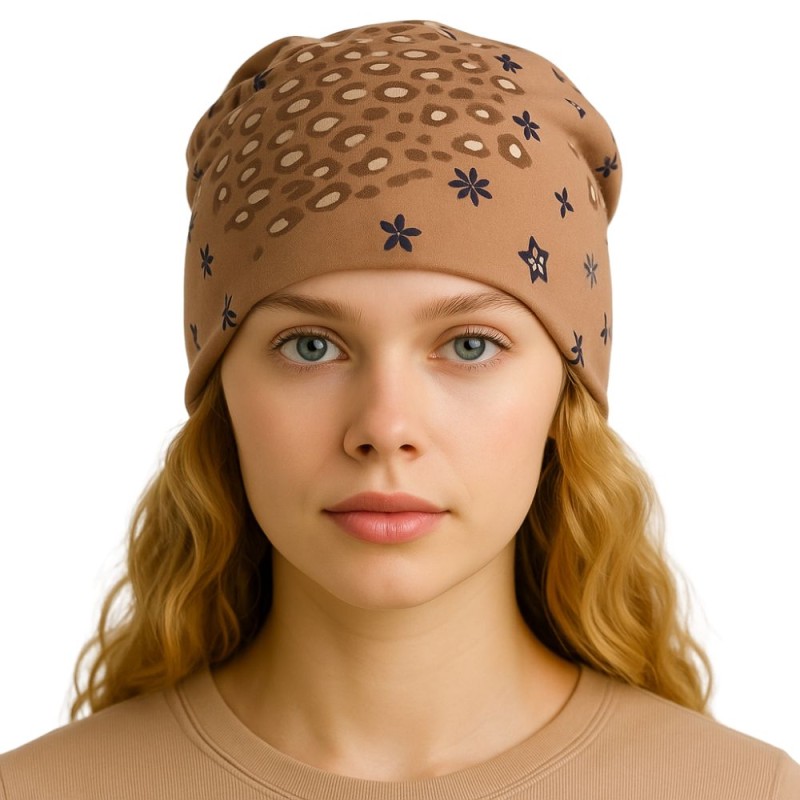 Czapka damska Beanie włoska cienka smerfetka cappuccino we wzory