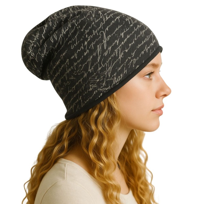 Czapka damska Beanie włoska cienka smerfetka grafitowa w napisy