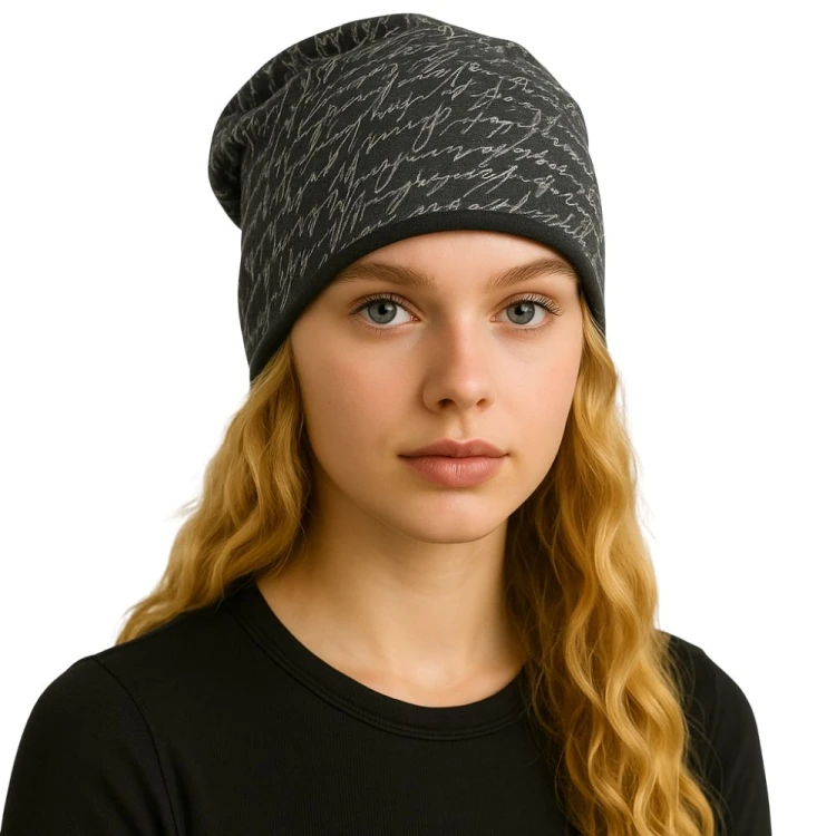 Czapka damska Beanie włoska cienka smerfetka grafitowa w napisy