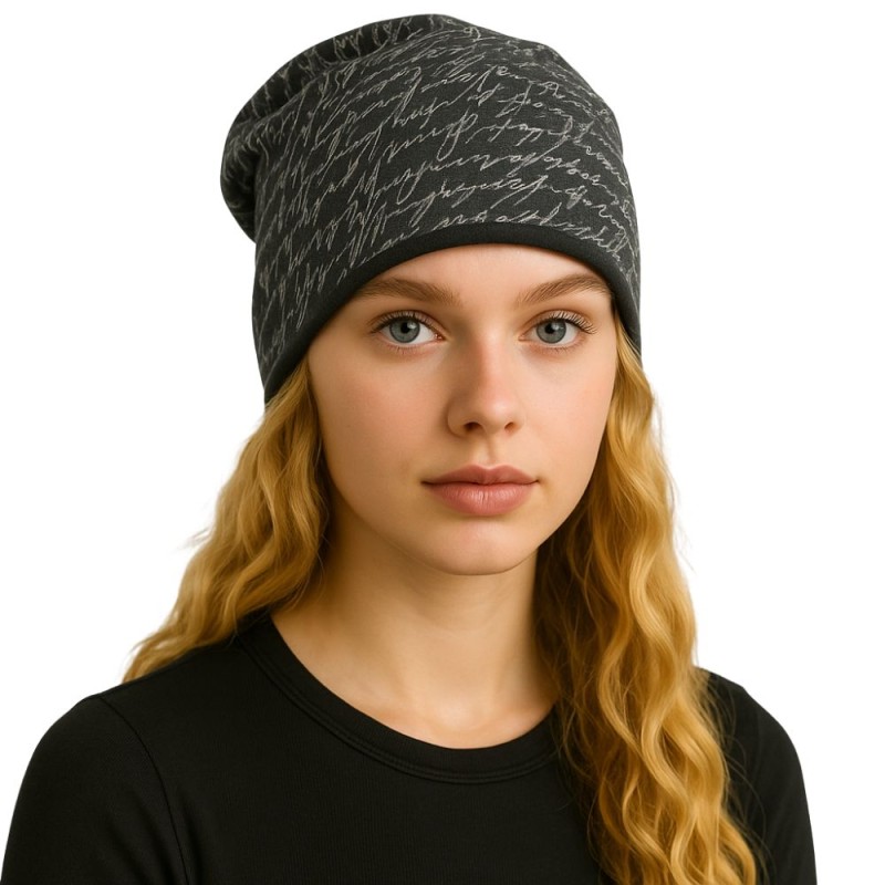 Czapka damska Beanie włoska cienka smerfetka grafitowa w napisy