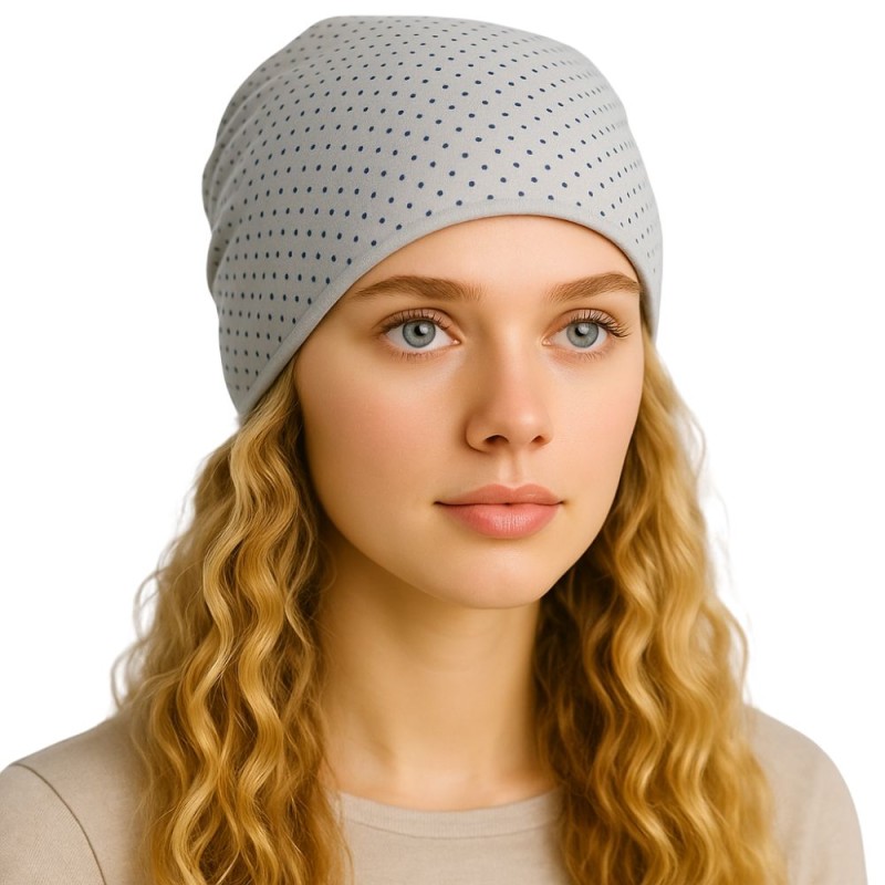 Czapka damska Beanie włoska cienka smerfetka szara w kropeczki