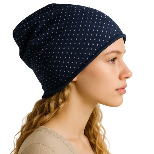 Czapka damska Beanie włoska cienka smerfetka granatowa w kropeczki