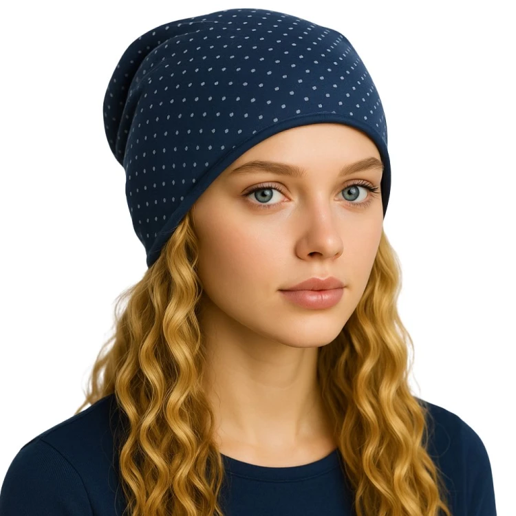 Czapka damska Beanie włoska cienka smerfetka granatowa w kropeczki
