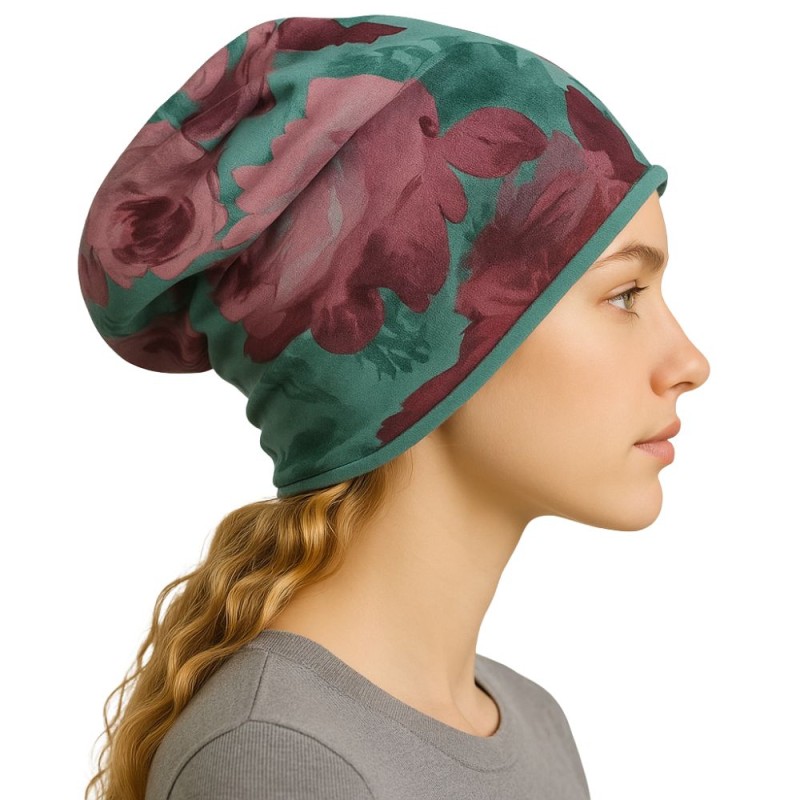 Czapka damska Beanie włoska cienka smerfetka turkusowa w kwiaty