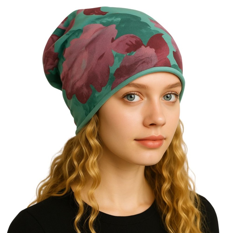 Czapka damska Beanie włoska cienka smerfetka turkusowa w kwiaty