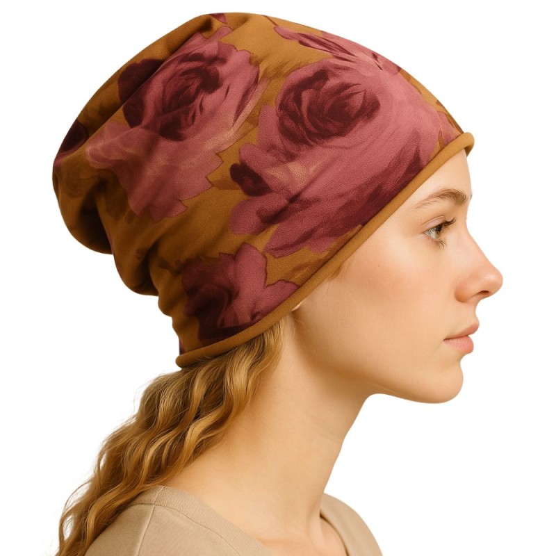 Czapka damska Beanie włoska cienka smerfetka musztardowa w kwiaty