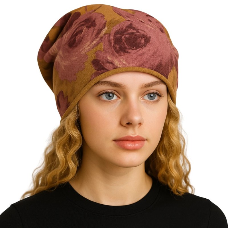 Czapka damska Beanie włoska cienka smerfetka musztardowa w kwiaty