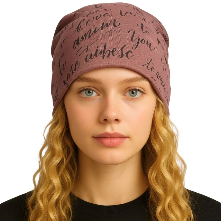 Czapka damska Beanie włoska cienka smerfetka bawełna różowa z napisami