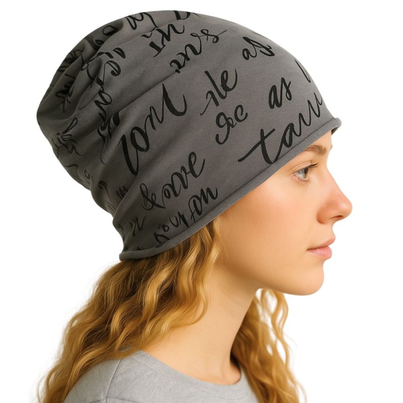 Czapka damska Beanie włoska cienka smerfetka bawełna szara z napisami