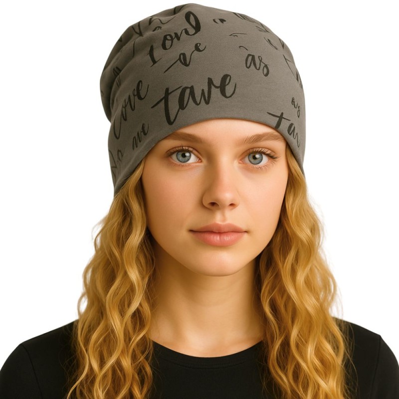 Czapka damska Beanie włoska cienka smerfetka bawełna szara z napisami