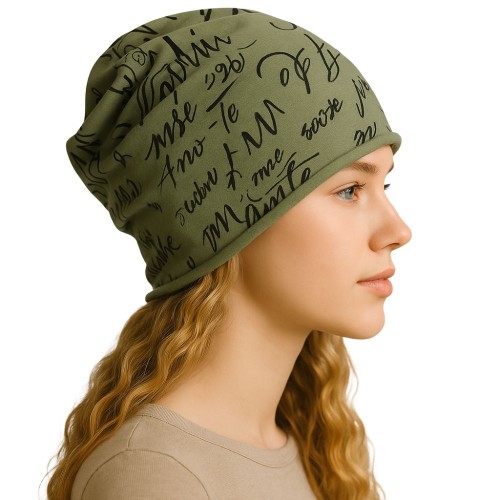Czapka damska Beanie włoska cienka smerfetka bawełna zielona z napisami
