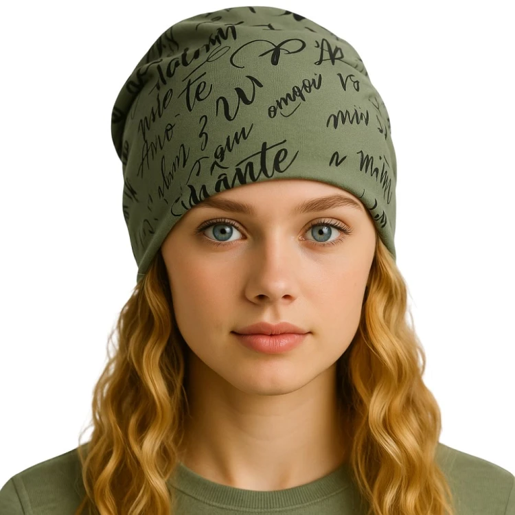 Czapka damska Beanie włoska cienka smerfetka bawełna zielona z napisami