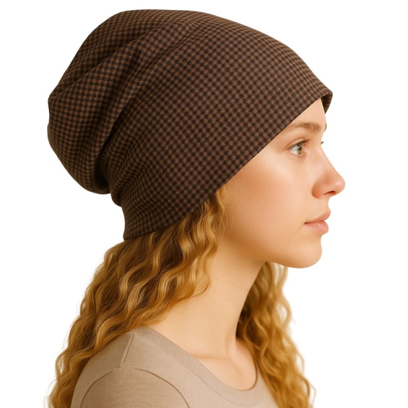 Czapka damska Beanie włoska cienka smerfetka bawełna brązowa w kratkę
