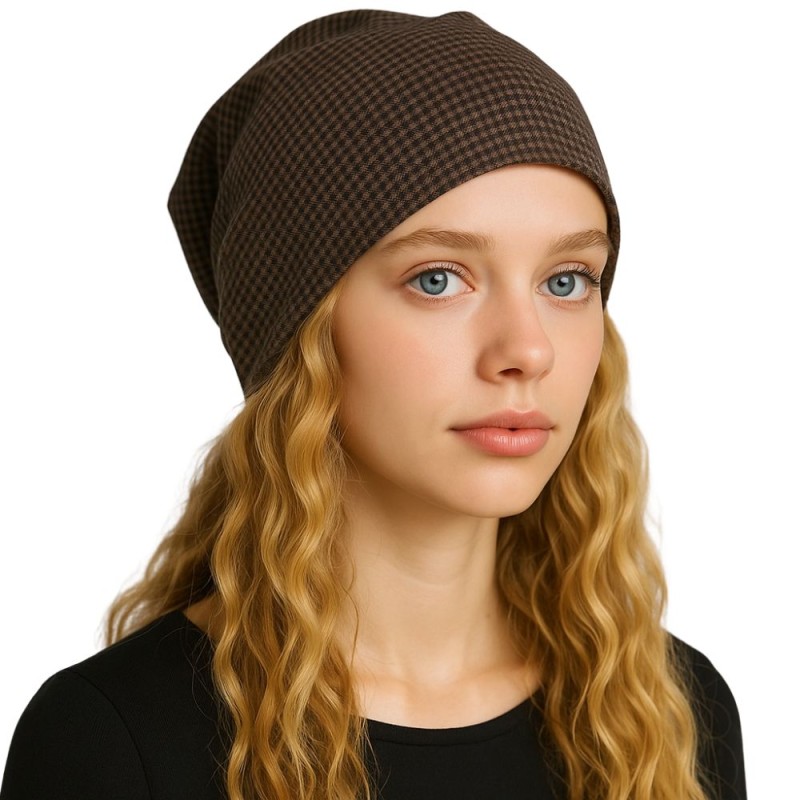 Czapka damska Beanie włoska cienka smerfetka bawełna brązowa w kratkę