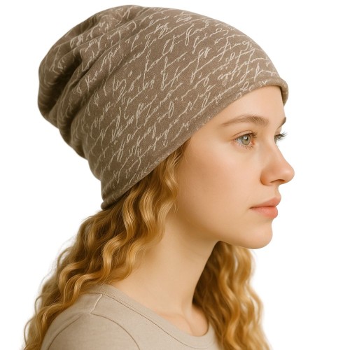 Czapka damska Beanie włoska cienka smerfetka bawełna beżowa napisy