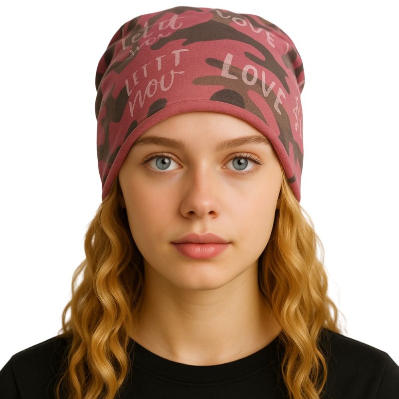 Czapka damska Beanie włoska cienka smerfetka bawełna różowo-szara