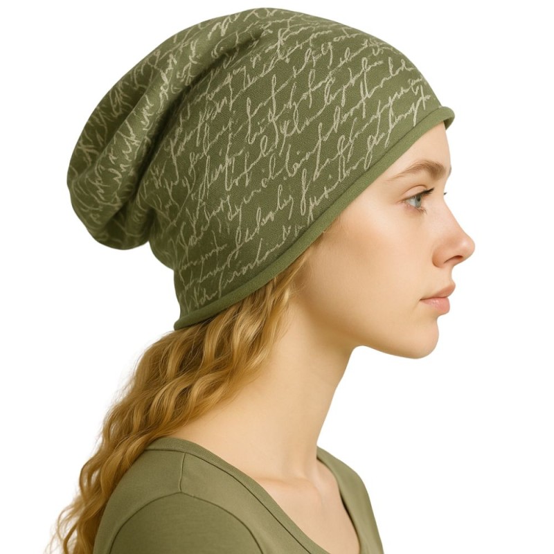Czapka damska Beanie włoska cienka smerfetka bawełna zielona napisy