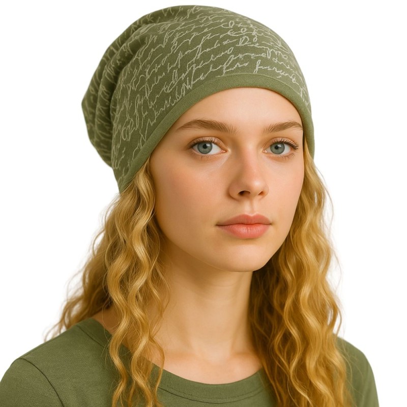 Czapka damska Beanie włoska cienka smerfetka bawełna zielona napisy