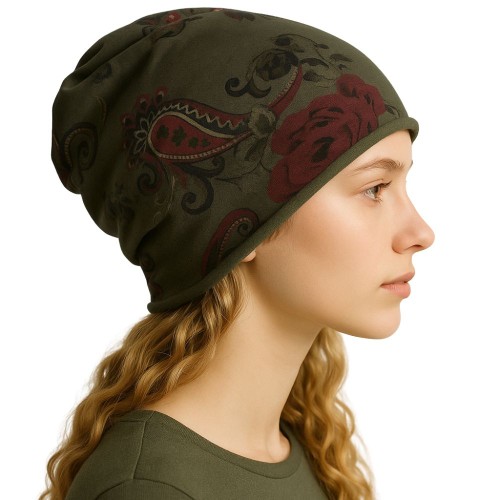 Czapka damska Beanie włoska cienka smerfetka bawełna zielony kwiaty